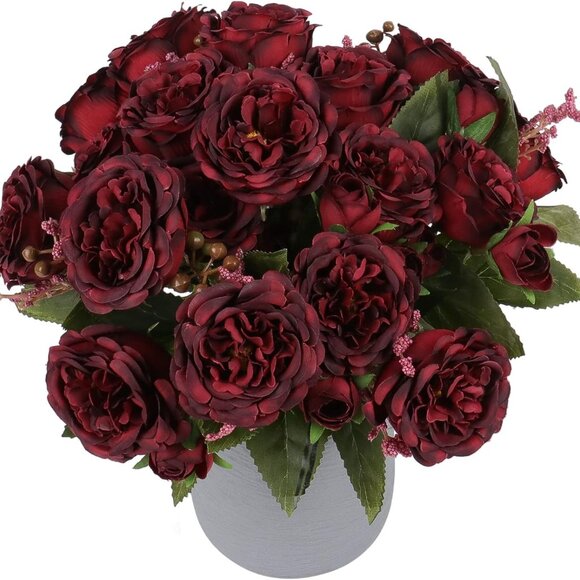 Artificial Peonies Silk Flowers, Burgundy Faux Peony Bouquet 4 Bundles Florals A - Picture 1 of 9